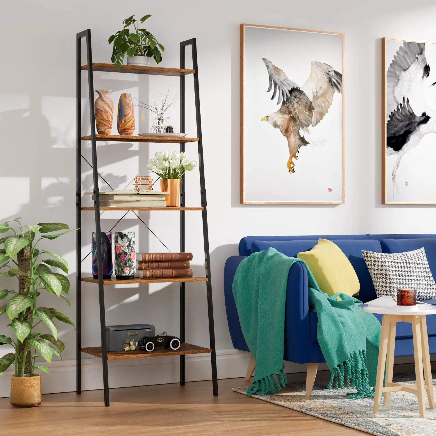 Homfa Industrial Bookcase Rack with 5 Shelves Library Shelf Container Structure in Colour for Living Room Bedroom Storage