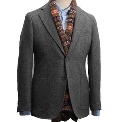 Formal Men's Wool Gray Suits Business Jacket Prom Green Tuxedos One Piece Herringbone Patterned Blazer for Wedding Groomsmen