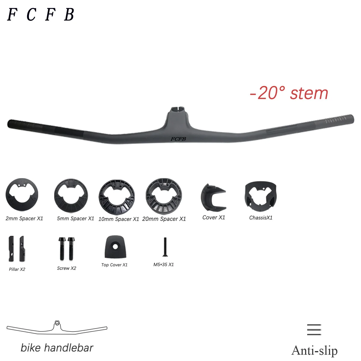 

FCFB Mountain Bike Race Handlebar -20 Deg Stem Angle, Lightweight Carbon Fiber XC Handlebar 720-800mm, Semi-Int Routing