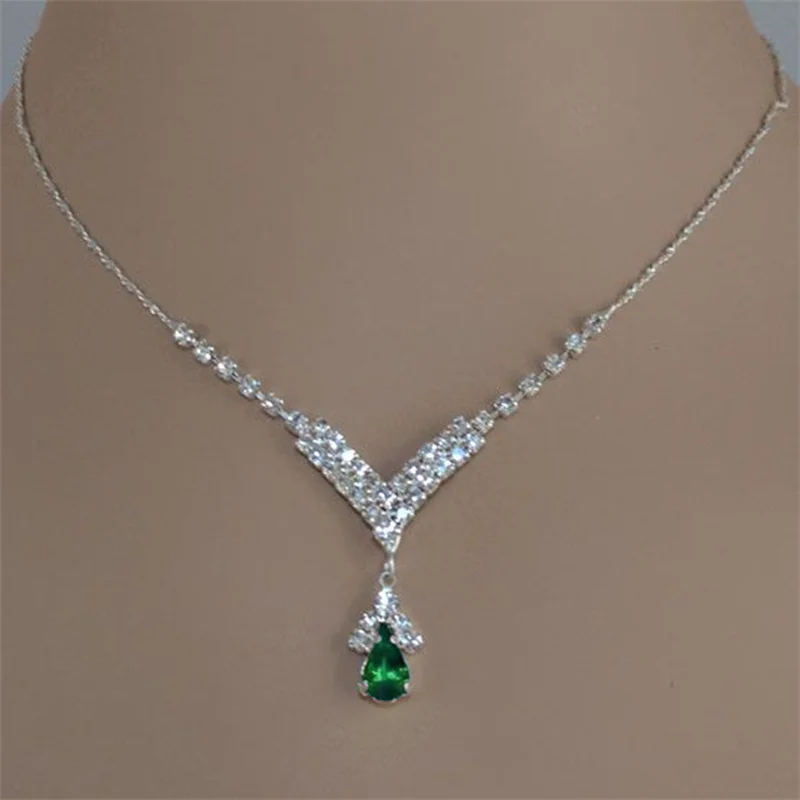 Fashion Blue Green Red Colorful Water Drop Rhinestone Women\'s Necklace Silver Inlaid Zircon Pandente Women\'s Accessories