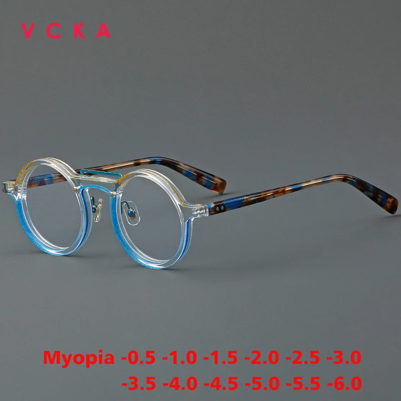 

VCKA Handmade Acetate Fashion Vintage Round Men Myopia Glasses FrameOptical Myopia Prescription Women Eyeglasses-0.50 to -6.0