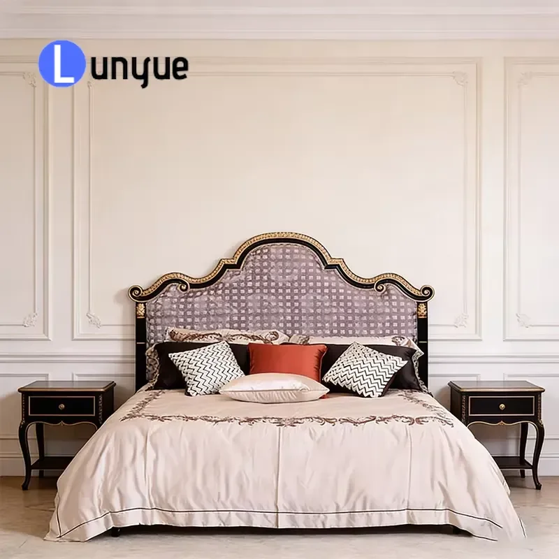 French Style Fabric Upholstered Wooden Bed with Black Lacquer and Exquisite Gold Leaf Decoration King Size Bedroom Furniture