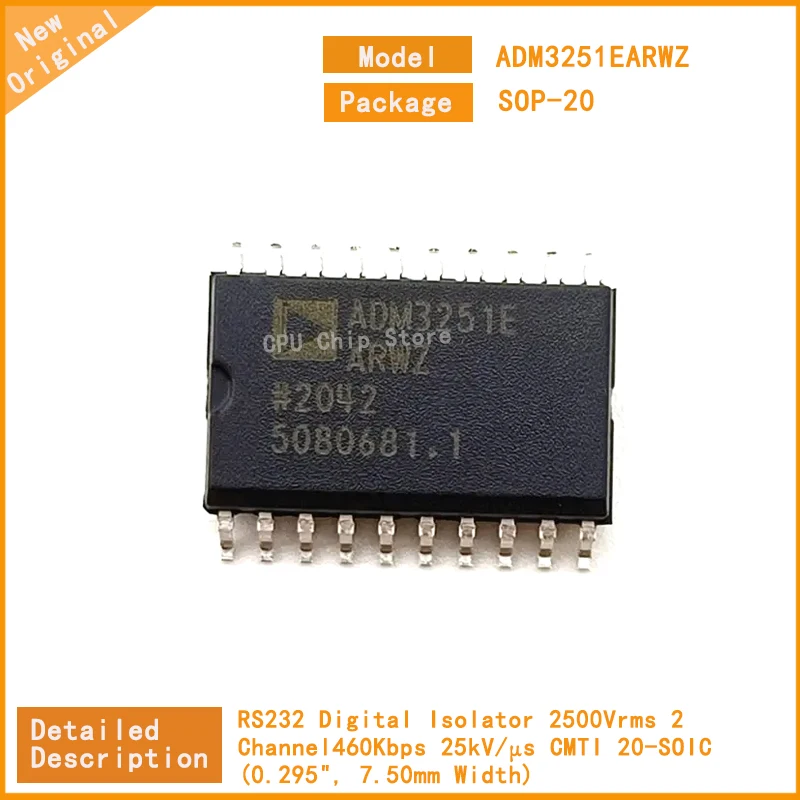 5Pcs/Lot  New Original  ADM3251EARWZ ADM3251 RS232 Digital Isolator 2500Vrms 2 Channel 460Kbps 25kV/µs CMTI 20-SOIC