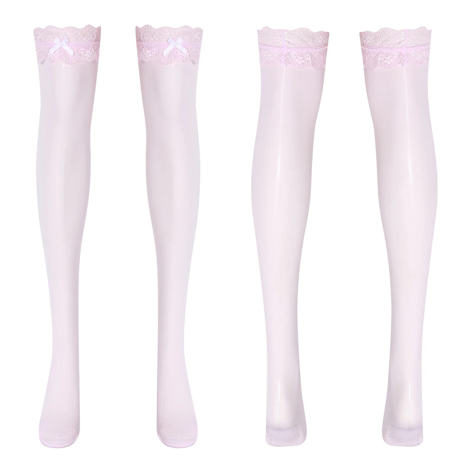 Womens Glossy Stockings with Lace Trim Cute Bow Thigh-high Stretchy Socks Miniskirts Shorts Accessory Female Elastic Stockings