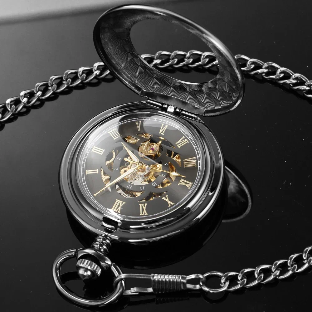 

Black Retro Men's Pocket Watch Hand-Winding Mechanical Pendant Fob Watches Half Hunter Pocket Clock Gift Male PJX1666