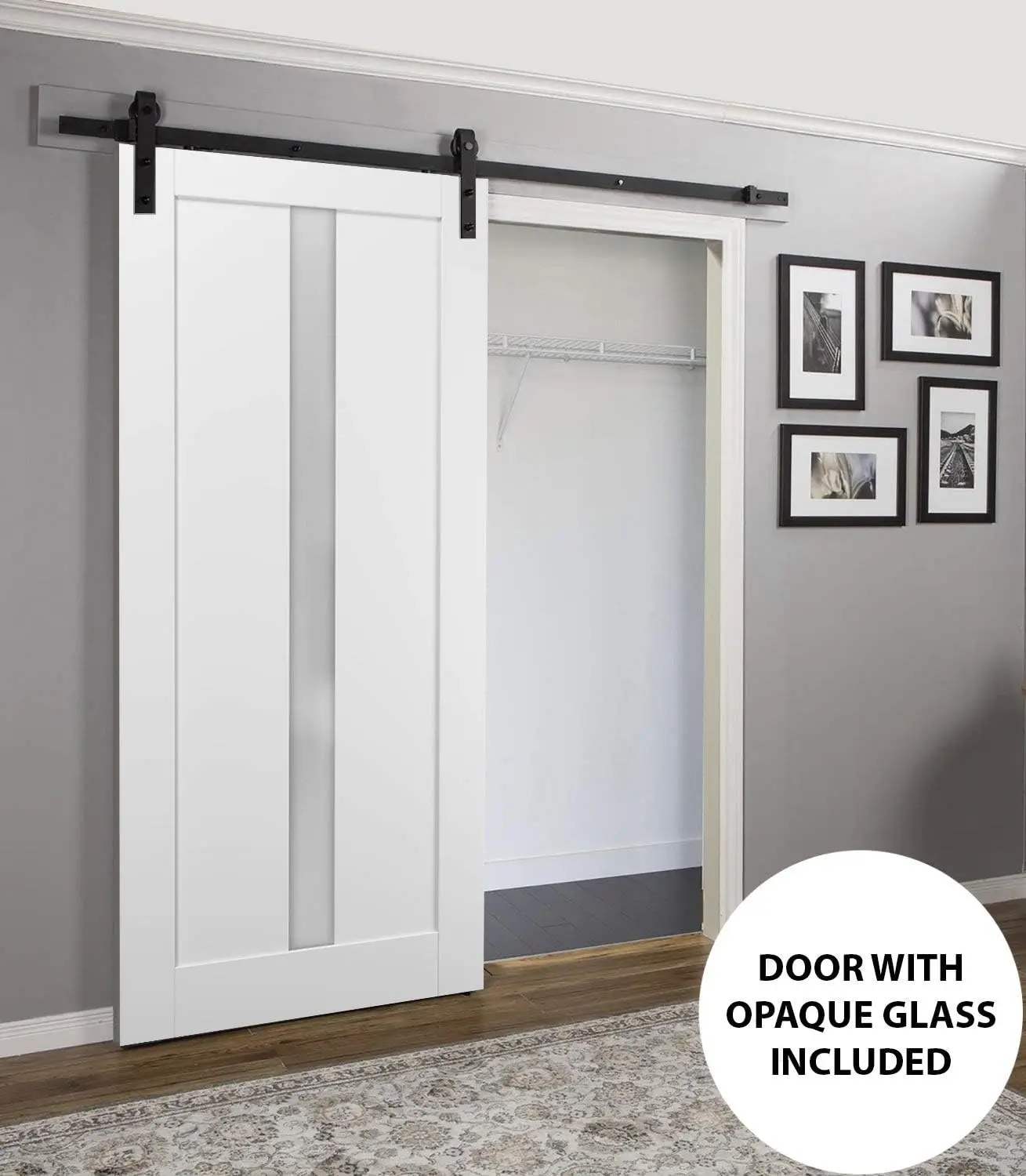 Sartodoors Sliding Barn Door 36 X 84 With Hardware | Quadro 4112 White Silk With Frosted Opaque Glass | Top Mount 6.6Ft Rail