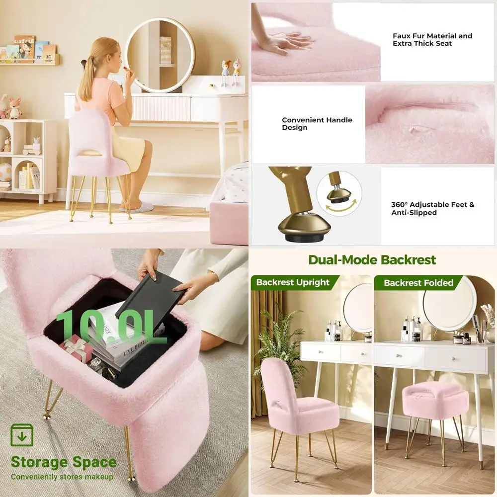 

Компактный туалетный столик из искусственного меха с местом для хранения, складной спинкой и металлическими ножками, идеально подходит для макияжа и использования в спальне розового цвета.