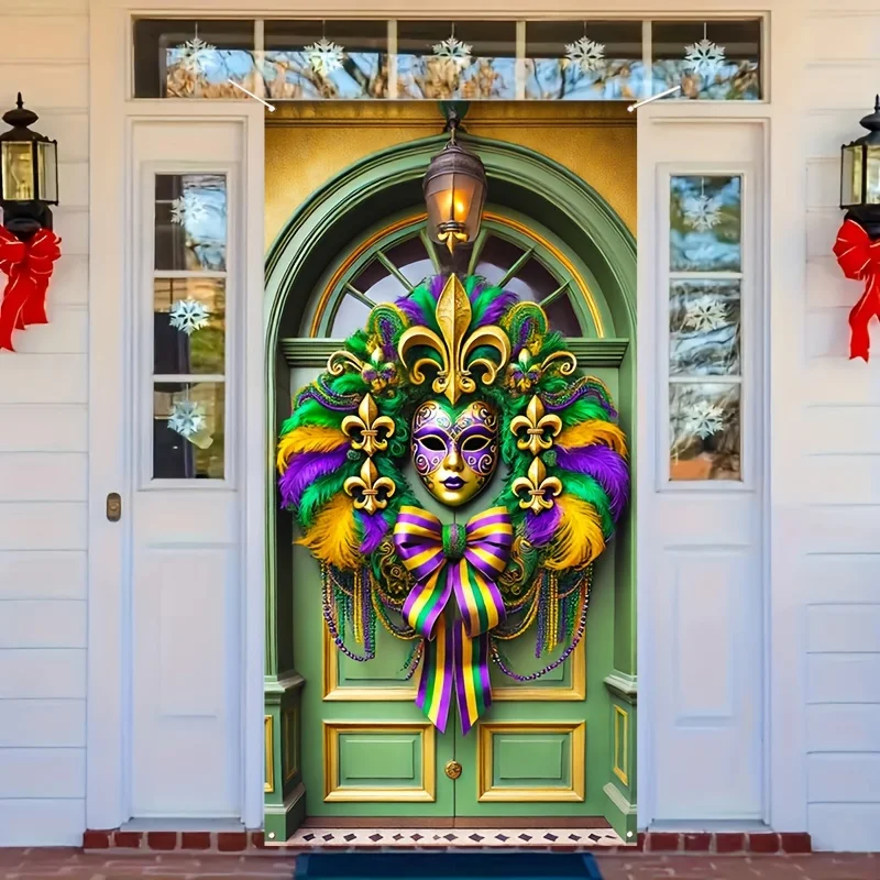 Mardi Gras Decorations Door Cover Banner Mask Feather Garland Print Photography Backdrop Indoor Outdoor Porch Background Decor