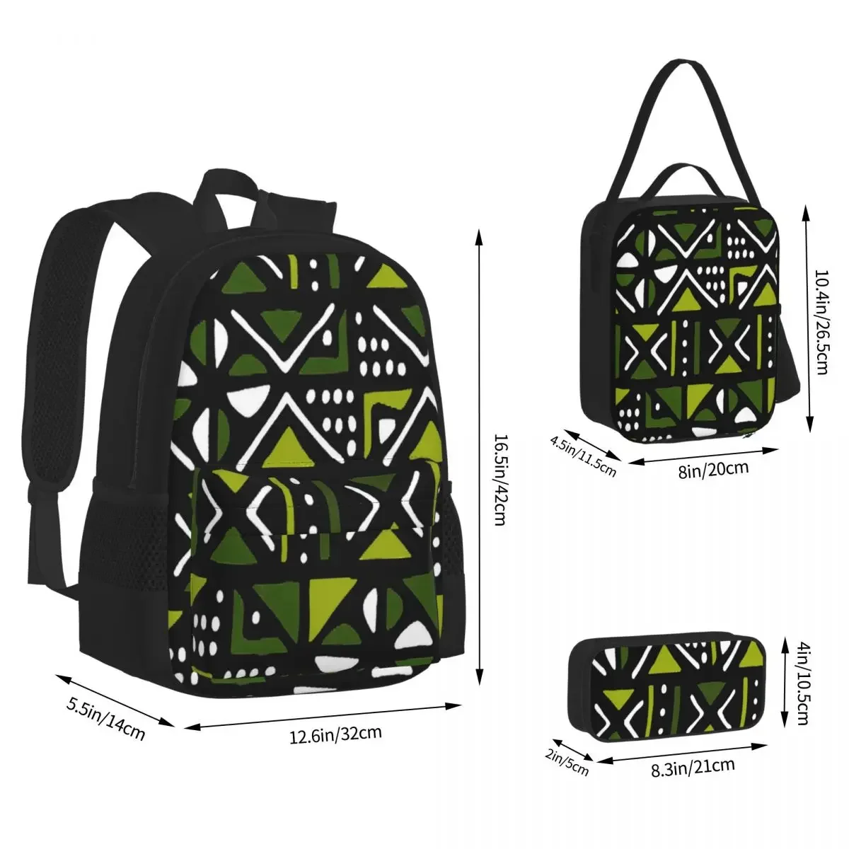 Mochila con estampado Tribal africano para estudiantes, morral escolar, bolsa de almuerzo, juego de tres piezas, color verde lima