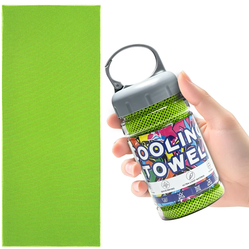 Draagbare fles met snel drogende koelhanddoeken, microvezel ijsdoek, ademende zachte koelhanddoek voor yoga, sport, gym, workout en fitness