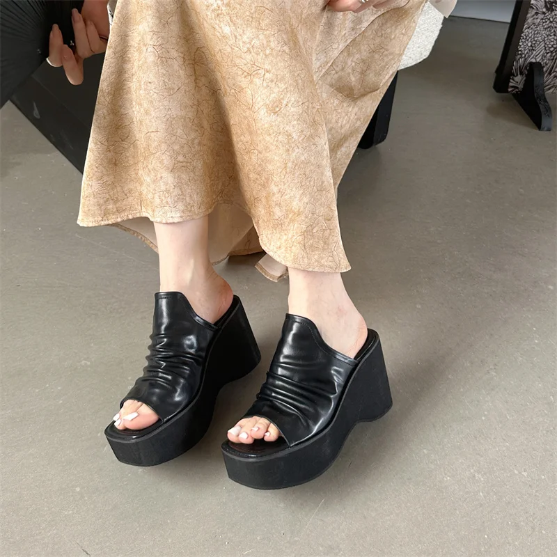 

White Sandals Woman Wedge High Heel Slippers Leisure Chunky Heeled Summer Shoes Black Platform Sandalias Mujer 2025
