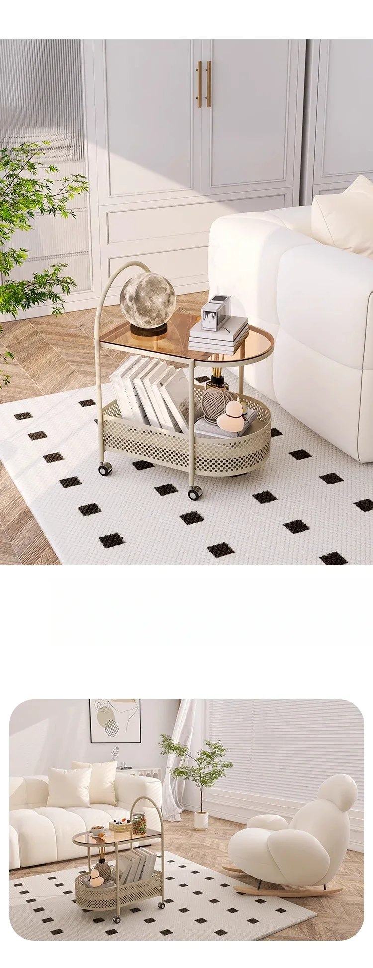 عدد قليل من عربات الإضافية وطاولة قهوة صغيرة فاخرة خفيفة على جانب الأريكة وأرفف زاوية قابلة للإزالة والجانب #3