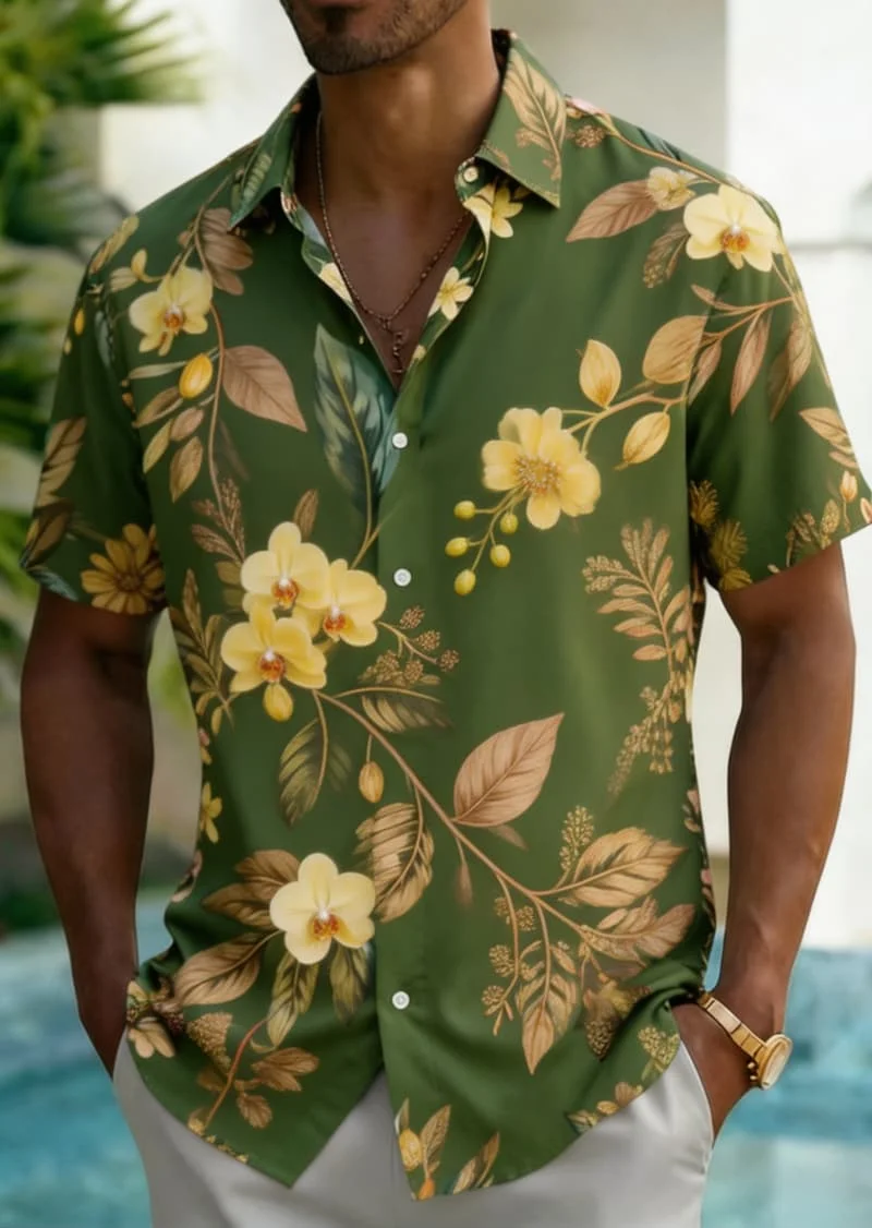 

Men's Bold Tropical Floral Print Shirt, Vibrant Botanical Style for Summer Parties, Beach Events, Vacation & Daily Outfits