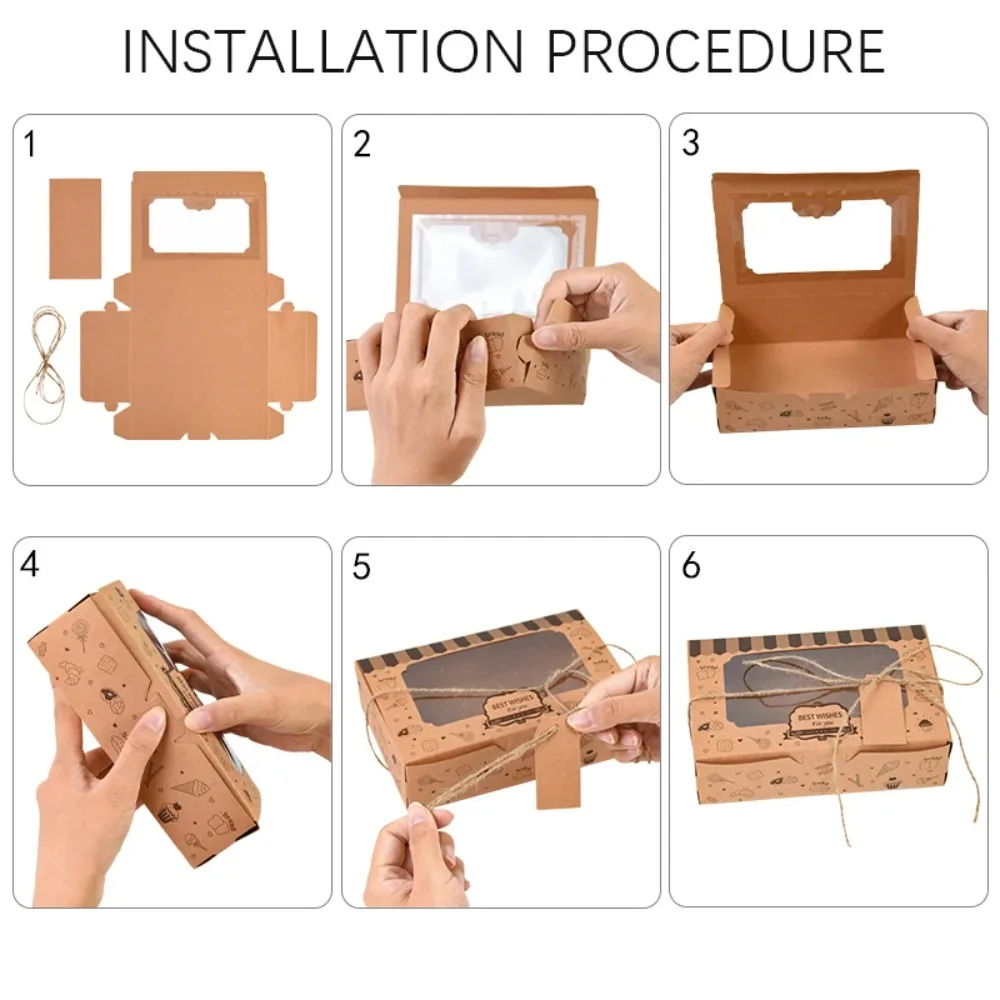 12pcs Kraft Paper Dessert Cake Bakery Box Transparent Window with Rolls Rope and Stickers Pastry Treat Boxes