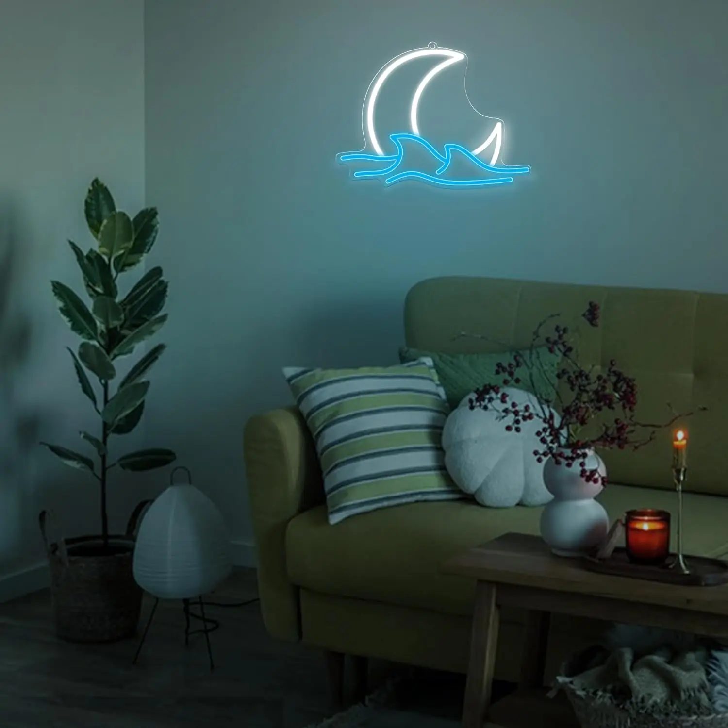 Moon Wave Neon Sign Blue Sea Star Wall Decor LED Night Light Bedroom Room Hotel Partner Company Studio Sushi Japanese Japan