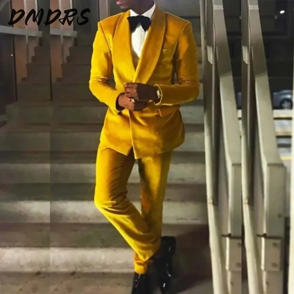 

Hot Selling Golden Velvet Single Breasted Men Suit Popular Men 2 PCS Jacket Pants Elegant Solid Groom Wedding Suit Customized
