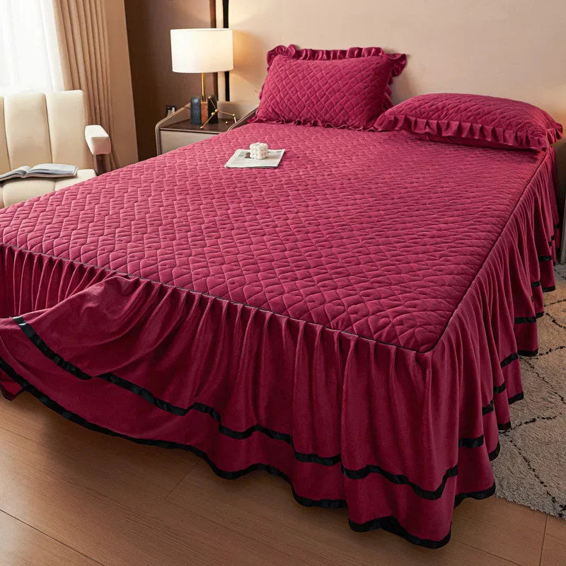 

2024 new European padded milk fleece bed skirt single piece winter thickened mattress protective cover coral fleece bed skirt