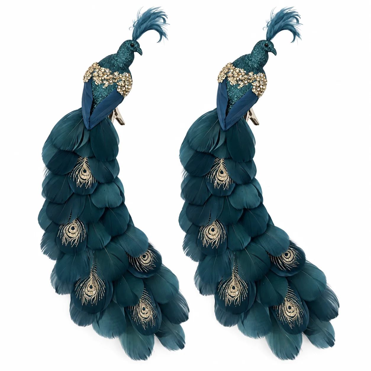 2PCS Teal Peacock Decorations Feather Peacocks with Gold Sequin Accents for Christmas Tree, Wedding, Wreath & Ho