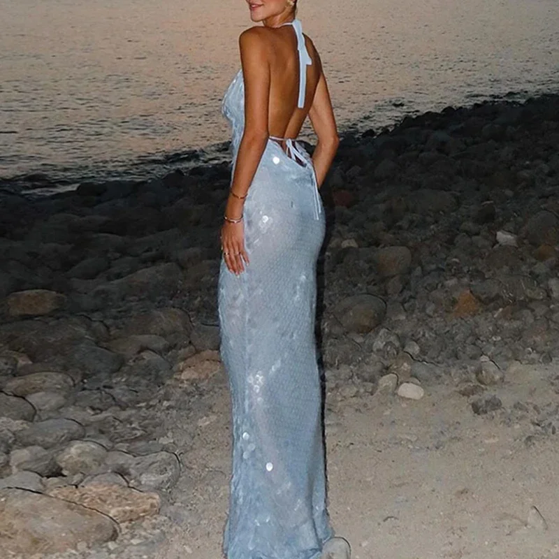 エレガントなホローアウトクラブパーティードレスセクシーローカットバックレススリムフィットガウンロングドレスファッションシャイニーシークインズレディースホルタードレス