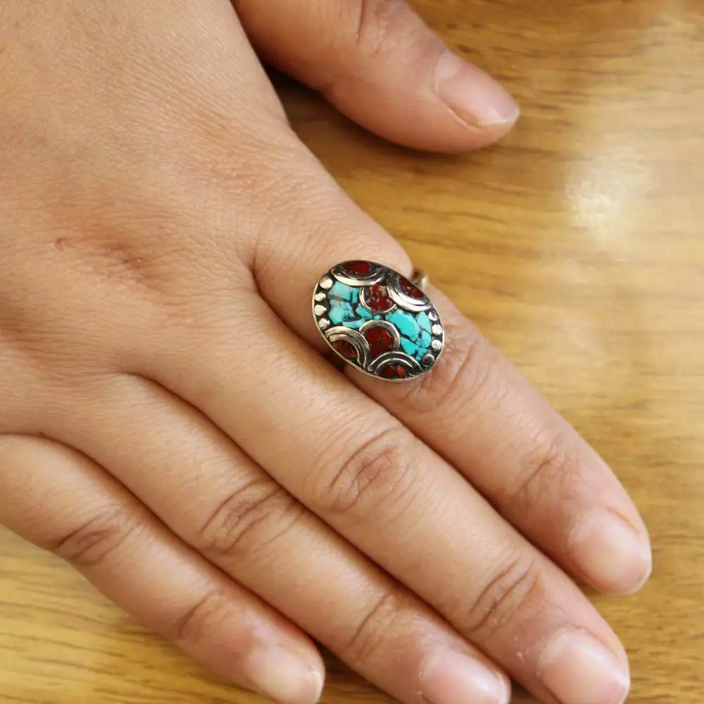 RG373 Ethnic Tibetan Jewelry Beautiful Copper Colorful Stone Oval Woman Open Back Adjustable Ring