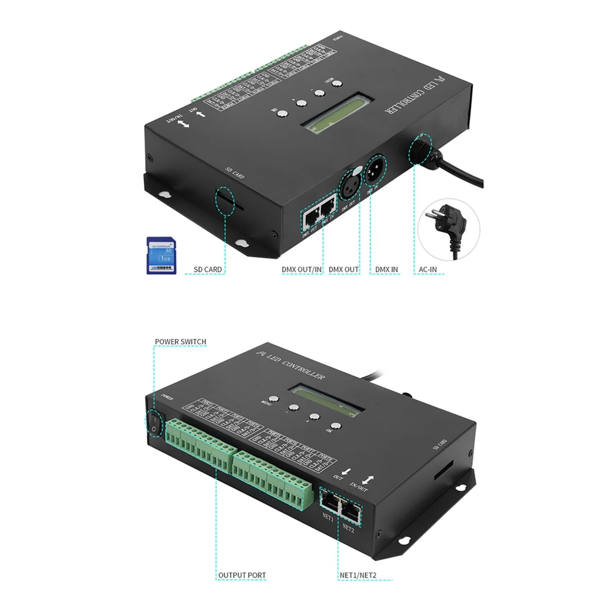 WiFI LED Pixel Controller Artnet to SPI Supports Madrix Software LAN Synchrony SD Card DMX512 Console (H807SA) EU Plug