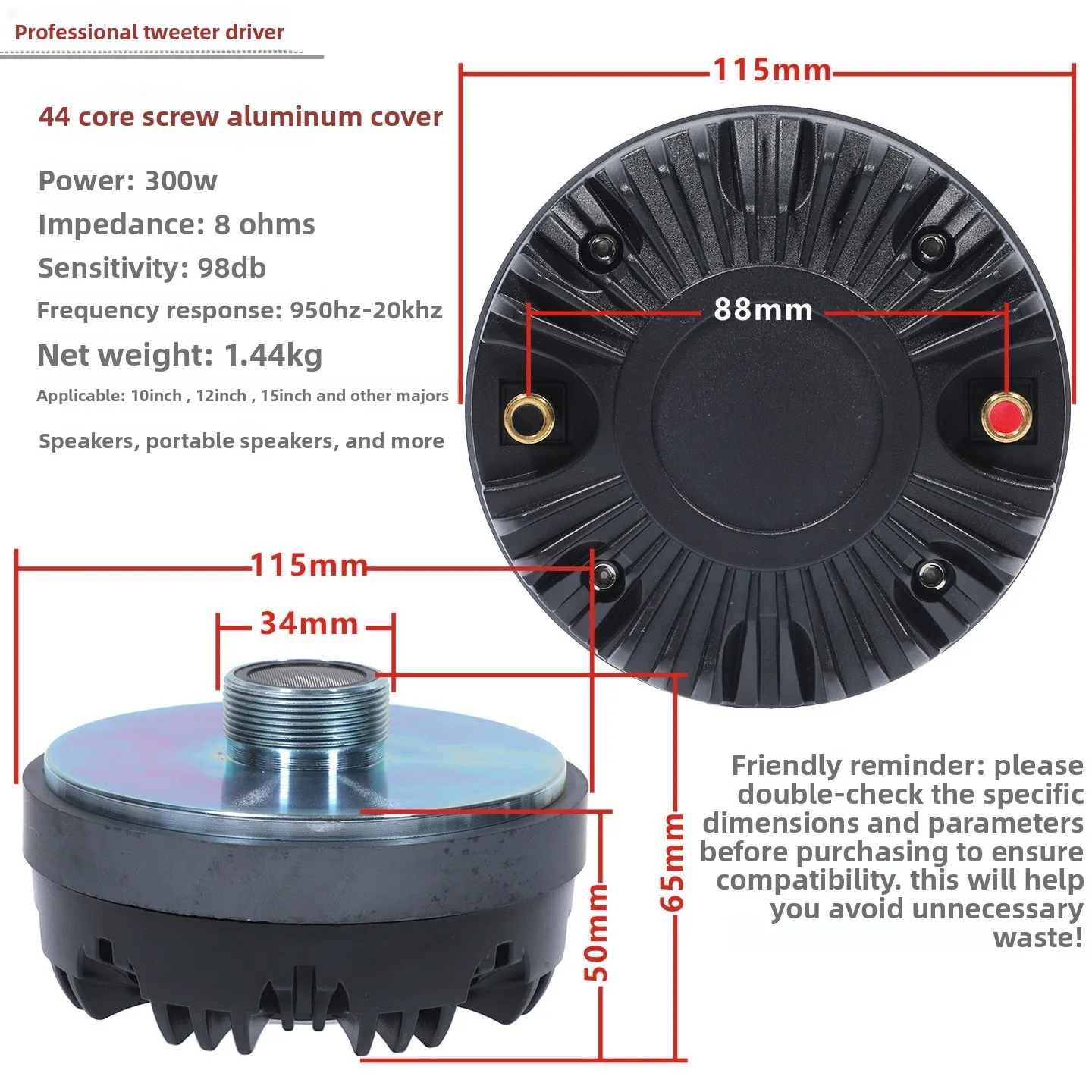 MW Audio, 1 stuks, compressie-element voor hoornluidspreker, 34,4/44,4/51 mm, aluminium behuizing, hoogfrequente tweeter voor podiumluidsprekers.