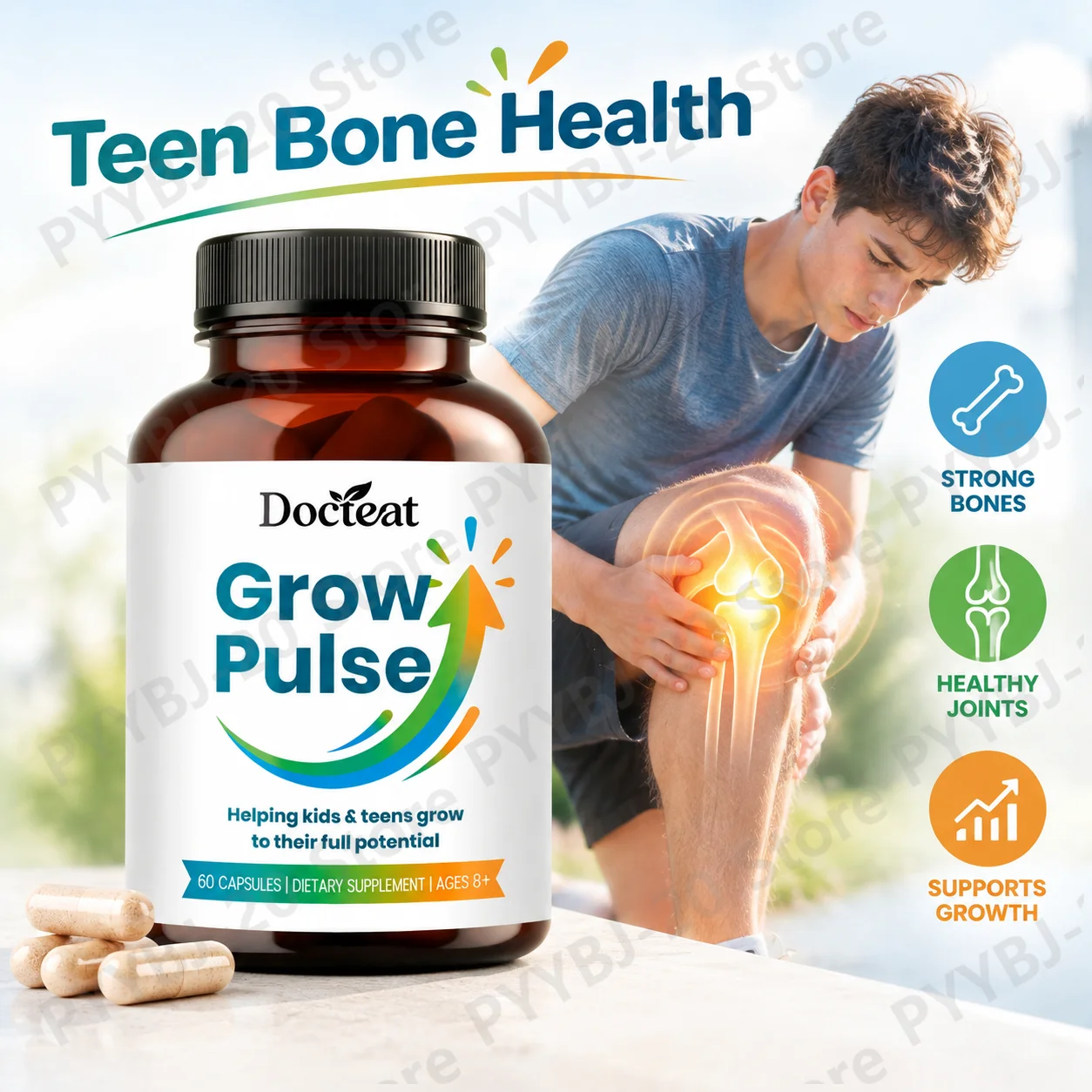 Docteat Teen Growth Support Capsules Bone Health Mineral Nutrition Bone Strength with Vitamin D3 K2 MK-7 Formula 60ct