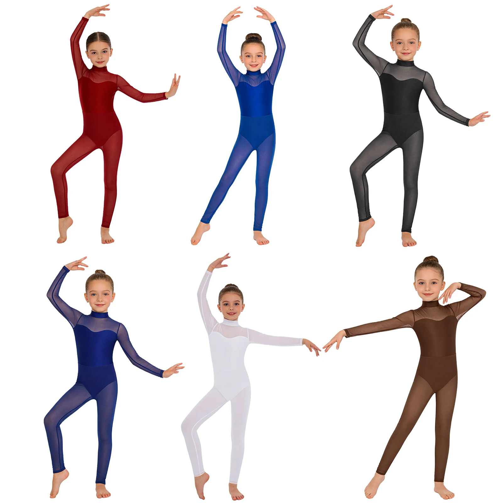 Kids Girls Long Sleeve Sheer Mesh Patchwork Gymnastics Ballet Dance Figure Skating Jumpsuit Acrobatics Yoga Leotard Dancewear