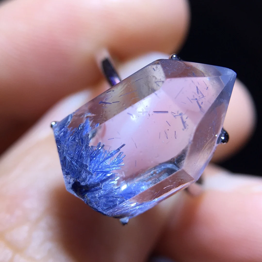 

Natural Blue Rutilated Dumortierite Ring Woman Adjustable 16.3/10.5mm Ring Rutilated Quartz Jewelry AAAAAAA