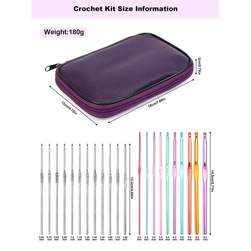 22 قطعة مجموعة ملونة سبائك الألومنيوم الكروشيه السنانير الإبر متماسكة نسج الغزل مجموعة DIY بها بنفسك الحرفية 0.6 مللي متر-6.5 مللي متر