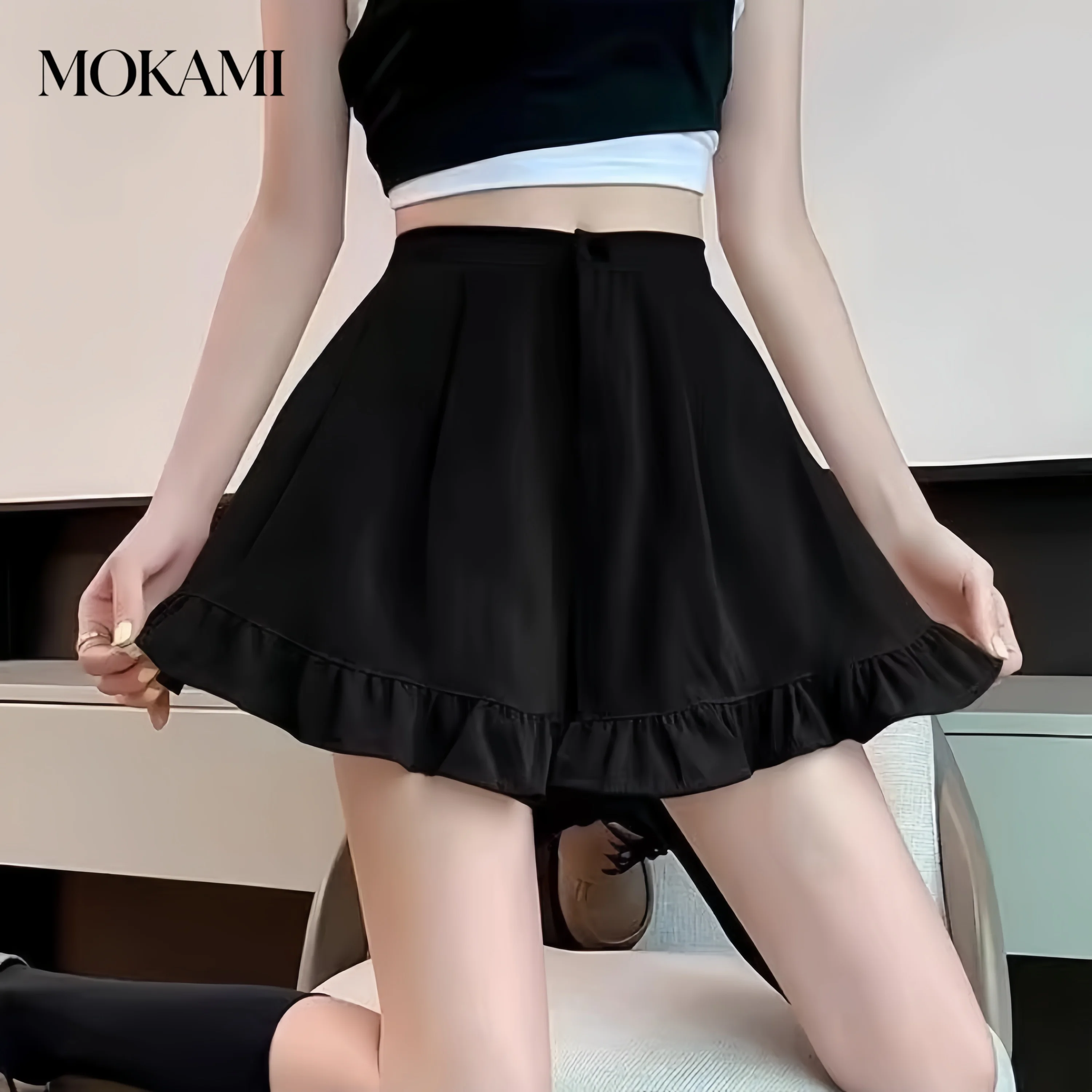 Fashionable Loose A-line Korean Version Slimming Versatile Summer Women's Mid Waist Ruffled Wide Leg Shorts