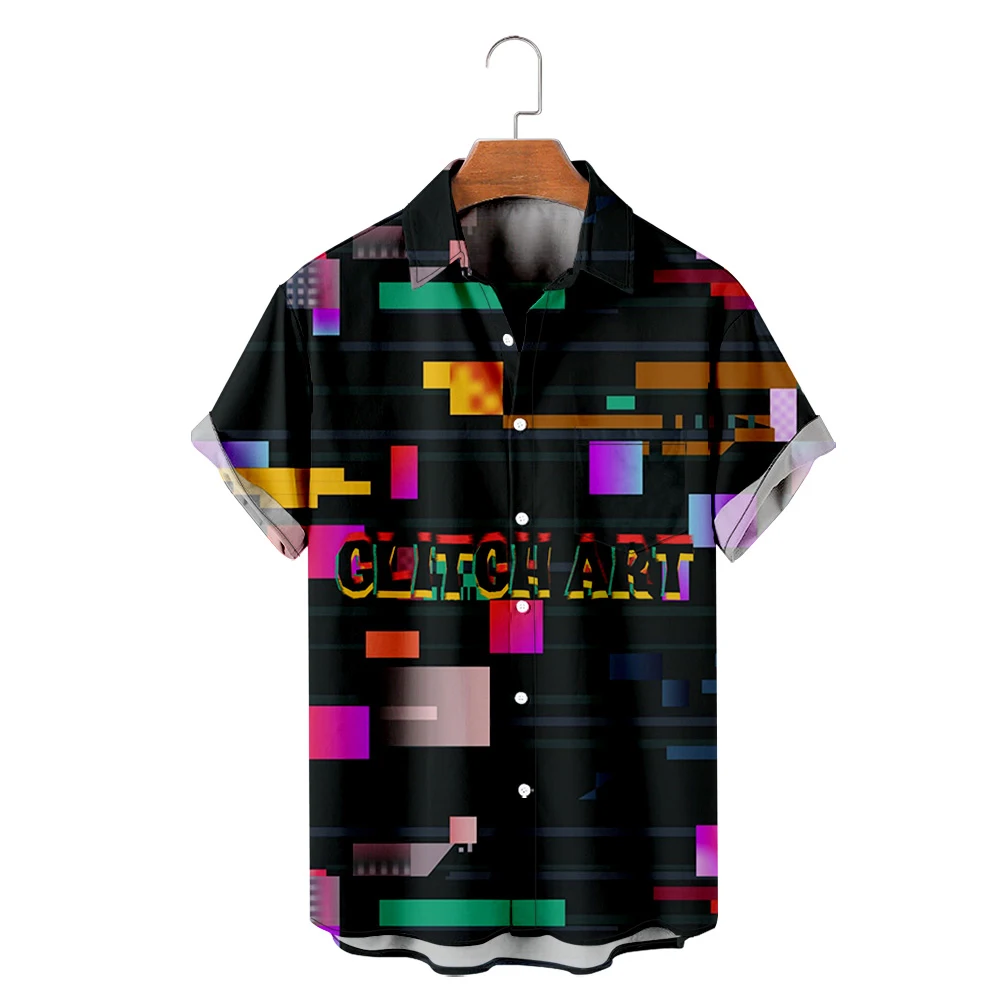 

Men's Hawaiian T-Shirt Y2K Hombre Fashion Shirt Hawaiian Glitch Art 3D Print Cozy Casual Short Sleeve Beach Oversized Clothes 1