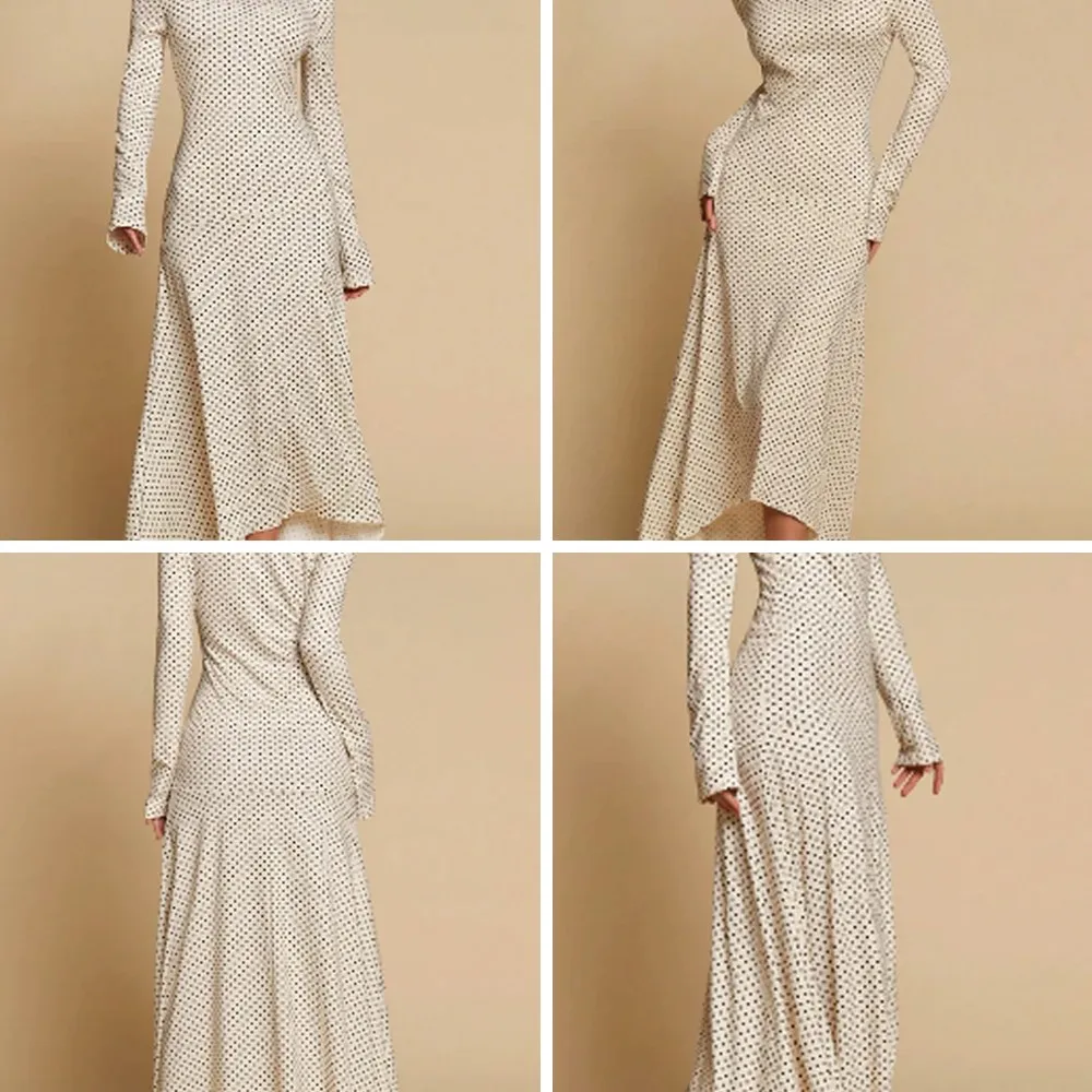 

Chic Polka Dot Floral Print Maxi Dress, One-Shoulder Long Sleeve with Waist Cinching for Women