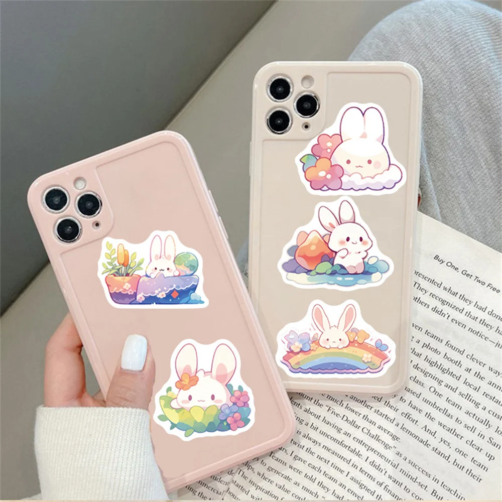 Cartoon Rainbow Rabbit Stickers for Children, Scrapbooking Material, Cute Stickers for Laptop, Suitcase, iPad, Phone, 50Pcs