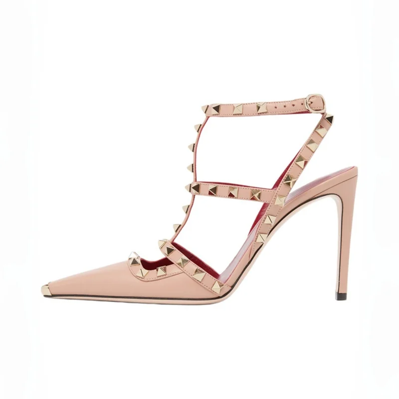 Women's Rivet Studded Pointed Toe High Heel Sandals Gothic T-Strap Ankle Buckle Stilettos Open Toe Cutout Tip Pumps Sexy Party