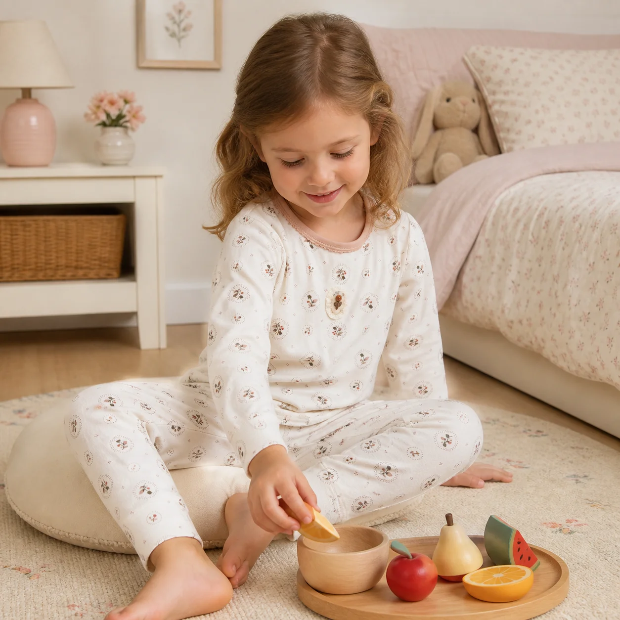 Girls Floral Pajama Set with Contrast Neckline, Long Sleeve Top and Pants, 2-Piece Loungewear