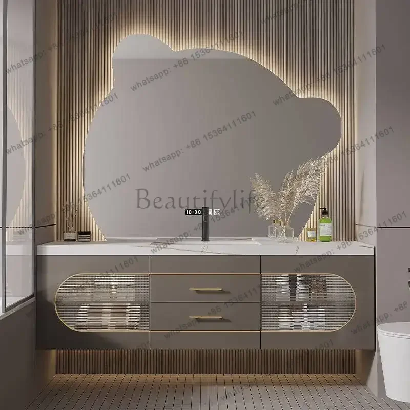 

American Cream Style Bathroom Cabinet Hanging Cabinet Slate Solid Wood Bathroom Cabinet Simple Modern Wash Table
