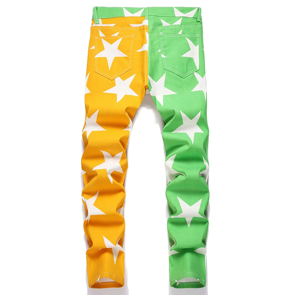 Men Stars Print Jeans Y2K Fancy Color Spliced Pants Stretch Cotton Denim Slim Straight Trousers