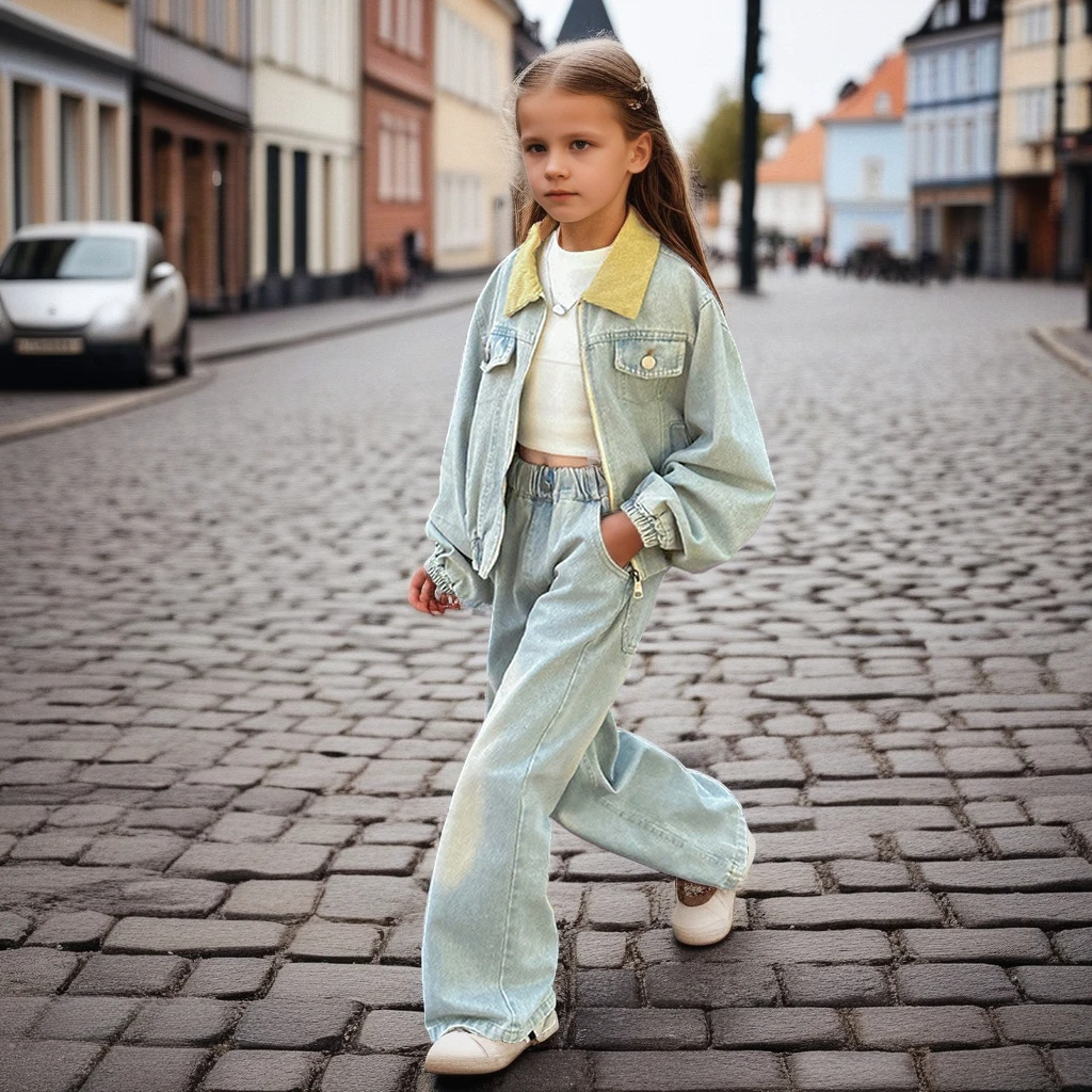 

Girls Denim Set 2025 Spring Casual Jacket Wide Leg Jeans 2pcs Teen School Kids Outfits Set Fashion Streetwear Children Clothes