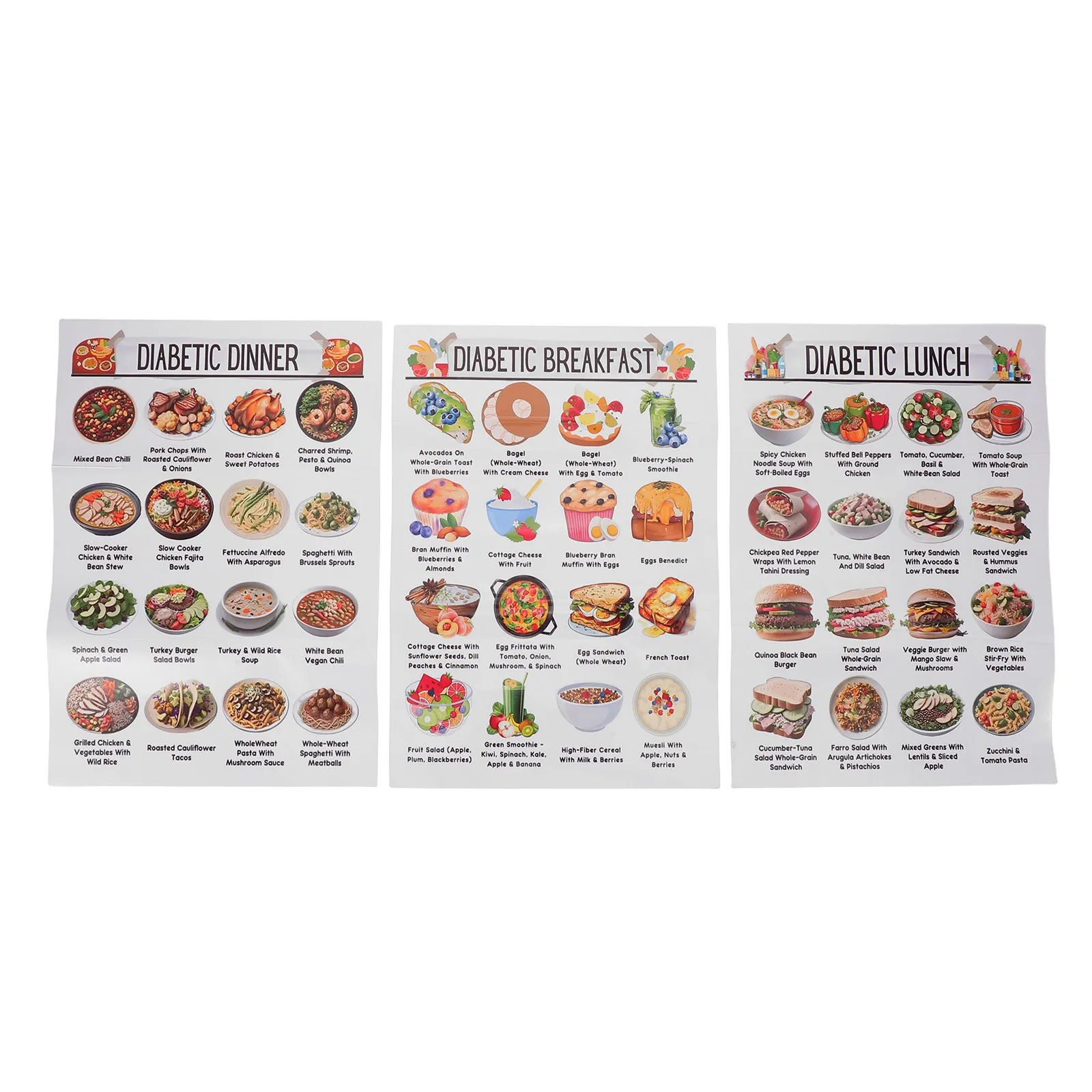 

3Pcs Diabetic Food Chart Poster Set Daily Meal Plan Guide Kitchen Nutritionist Designed Pre Diabetes Diet Planner Low Diet