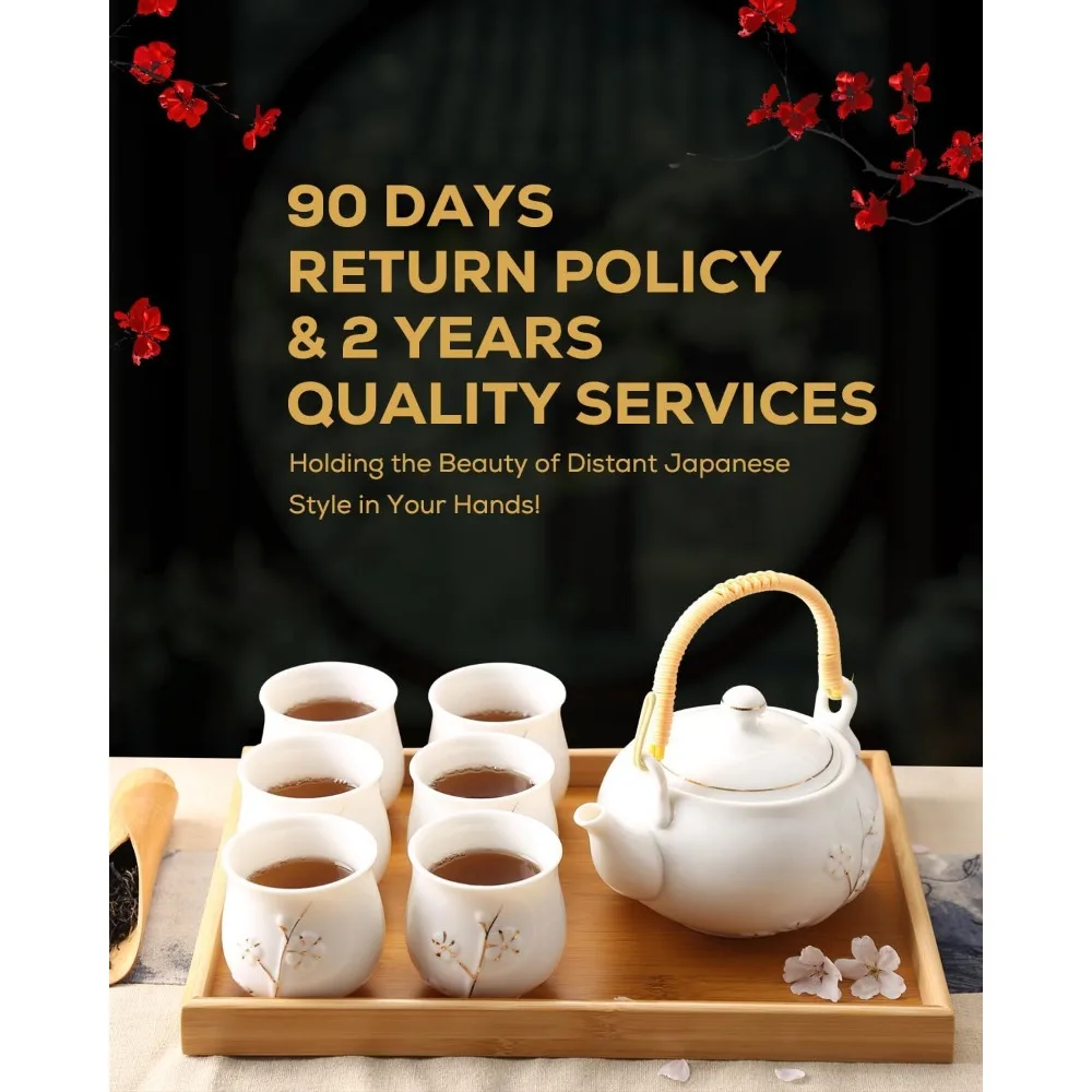 Japanese White Porcelain Tea Set with Teapot 6 Cups Tray Stainless Infuser Plum Design - view 6