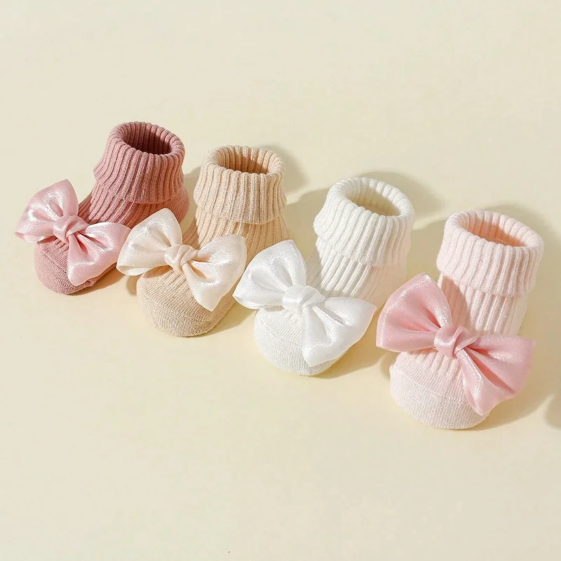 4 Pairs Toddler Socks with Bows Soft Cotton Cute Ankle Socks for Infants Girls Fashion Anty-Slip Newborn Baby Socks 0-24 Months