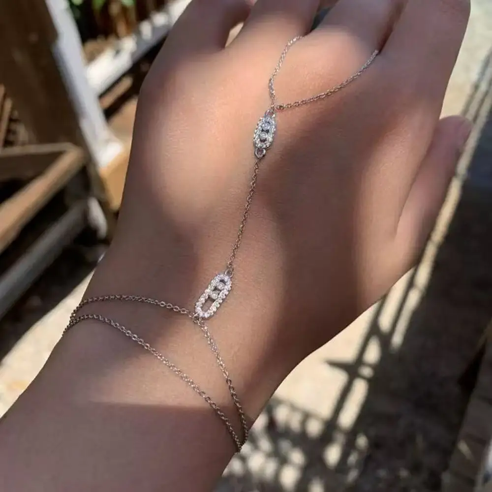Cross-Border Hollow Oval Zircon Finger Bracelet Fashionable Water Diamond Hand Chain Simple Bohemian Style Women's Jewelry