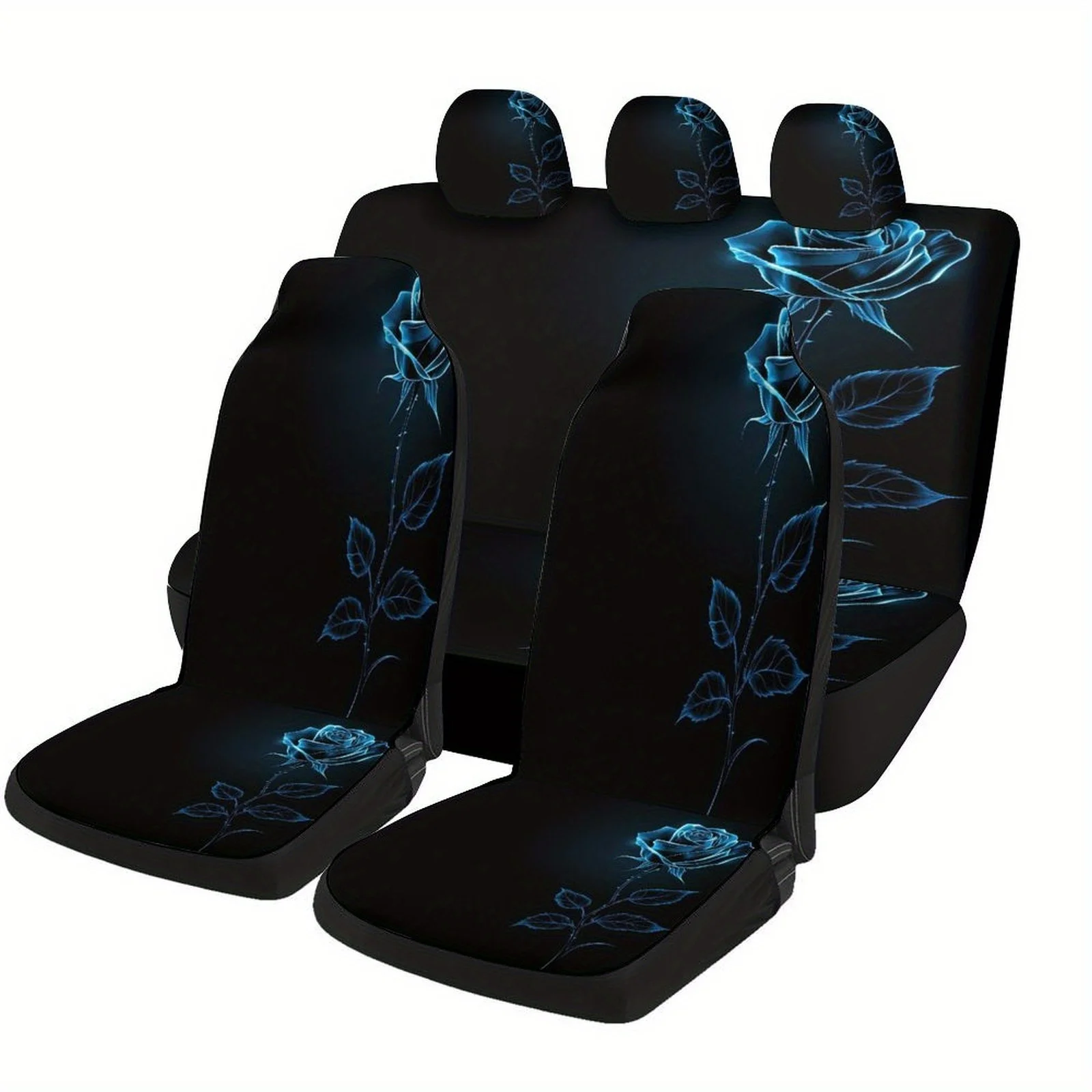 Blue Neon Rose Designed Car Seat Cover Set | High-quality Polyester Universal Fit Seat Covers For 2 Front And Rear Seats, Easy T