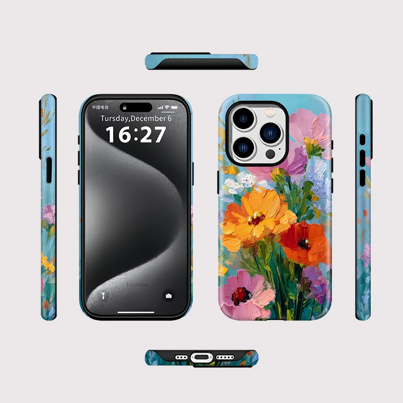 Fcicicase حافظة هاتف من السيليكون لهاتف آيفون 16 Plus 15 17 Pro Max 14 13 12 11 طباعة زهور ناعمة لغطاء الكمبيوتر بطبقة مزدوجة Magsafe