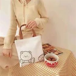 Canvas Tote Portable Reusable Shopping Bag for Women Cute Bear Small Simple Tote Cloth Bag High Quality Handbag Eco-Friendly