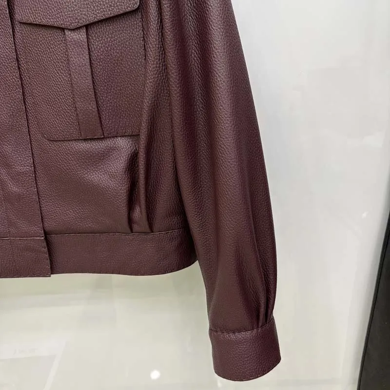 سترة نسائية جديدة للربيع والخريف من الجلد الطبيعي بنمط ليتشي من جلد الغنم عالية الجودة وطول قصير وجيب كبير #5