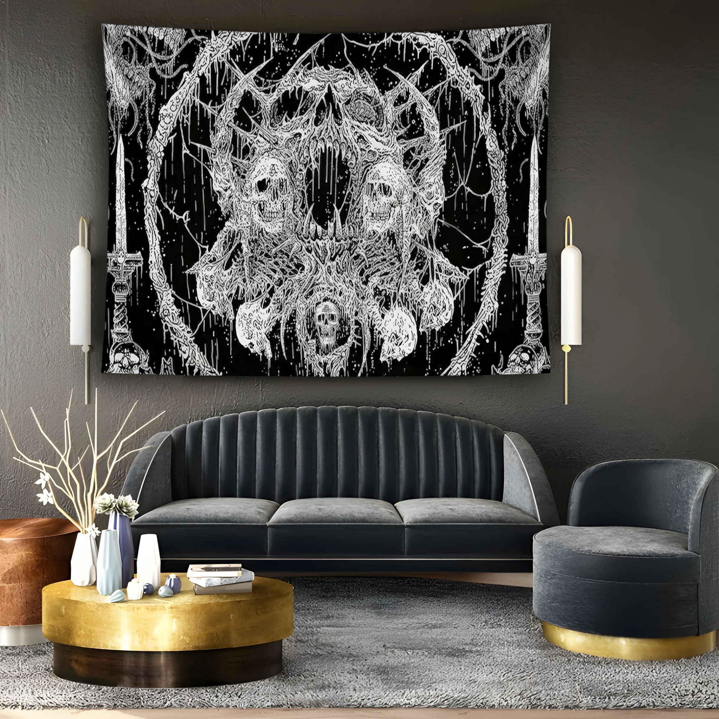 VIKAMA Dark Death Metal Wind Skeleton Sword Pattern Tapestry Black and White Gothic Spike Printed Hanging Cloth Room Decoration