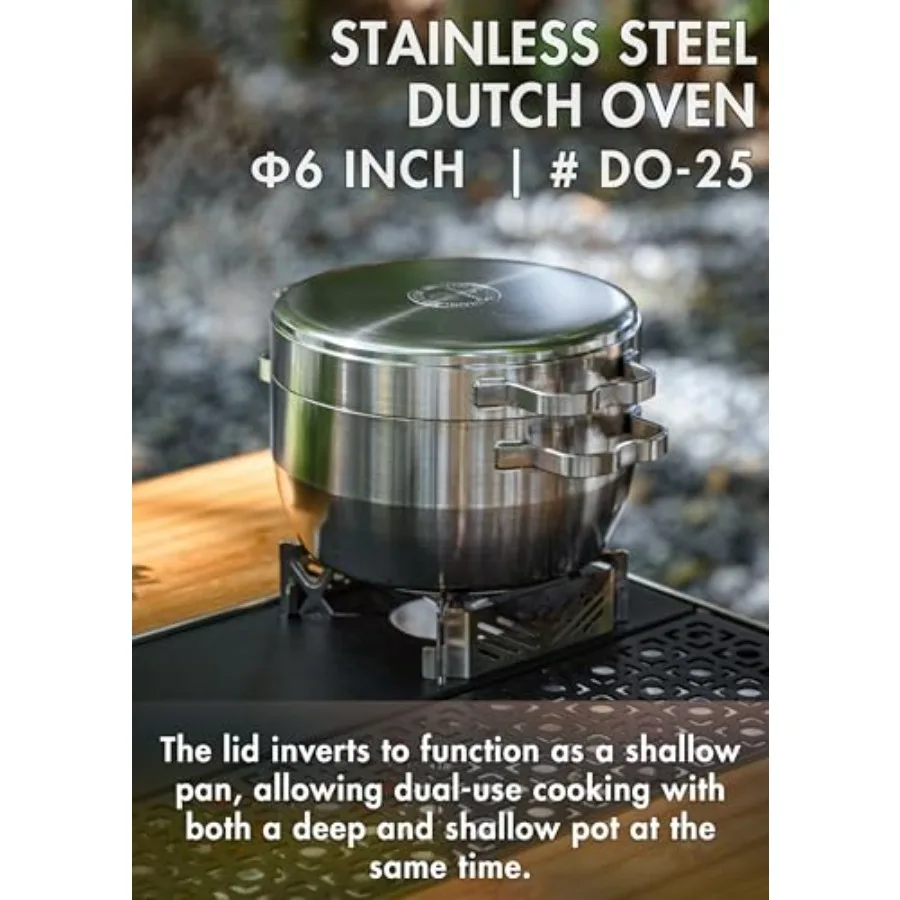 فرن هولندي من الفولاذ المقاوم للصدأ سعة 1.5 لتر، 6 بوصة، 2 في 1، غطاء مقلاة منفرد، مجموعة أواني طهي للتخييم DO-25 #2