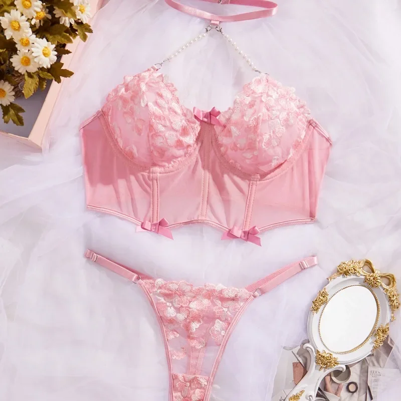 Sexy Pink Lace Lingerie Set Women\'s Mesh Exotic Apparel Suit Female Solid Flower Embroidery Ropa Interior Transparent Para Mujer